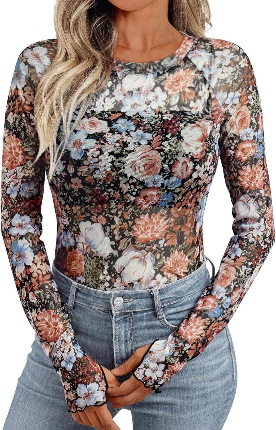 Dealmore Womens Floral Mesh Sheer Lace Going Out Trendy Tops Spring Fashion Summ...