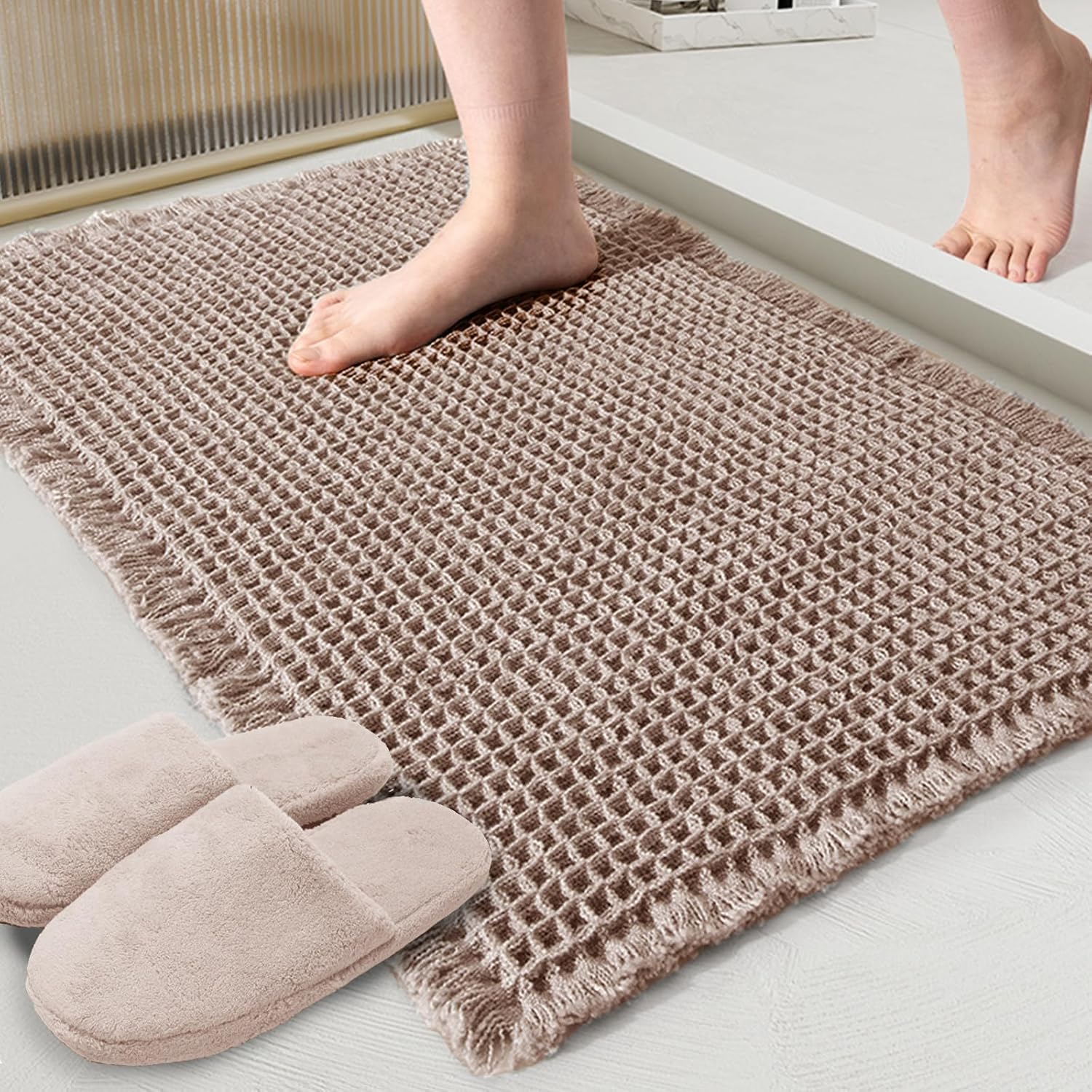 ZALL Tan Waffle Bath Mat, Specialized Super Absorbent Bathroom Rug, Non Slip Inn...