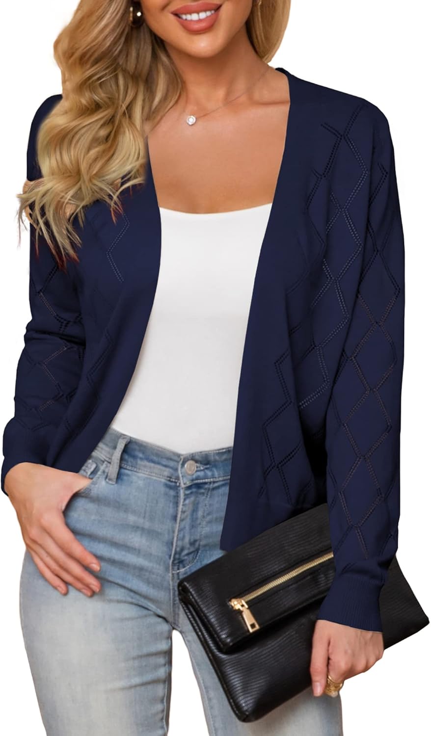 Women's Cardigan Sweaters Lightweight Open Front Long Sleeve Hollow Out (S-2X)