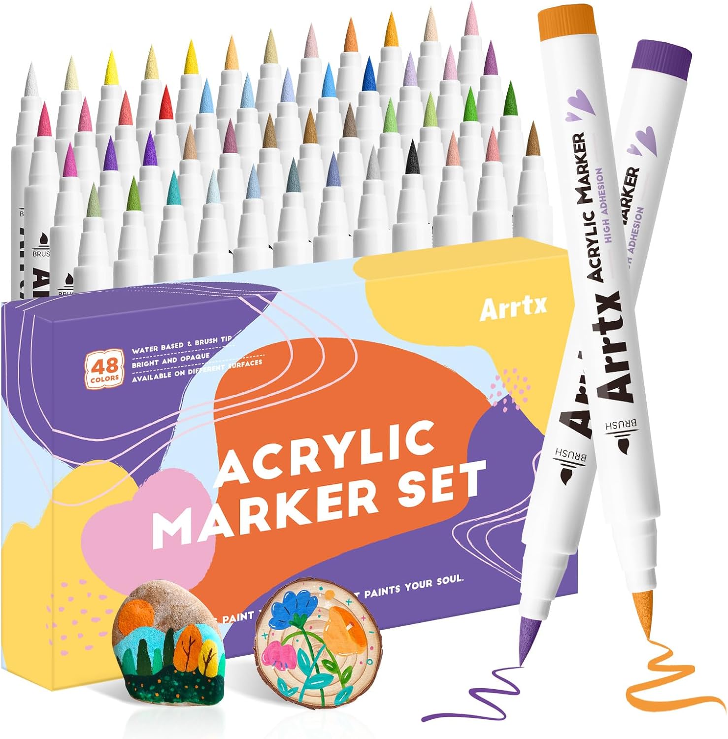 Arrtx Acrylic Paint Pen-48E Colors Acrylic Marker for Rock Painting, Brush Tip P...