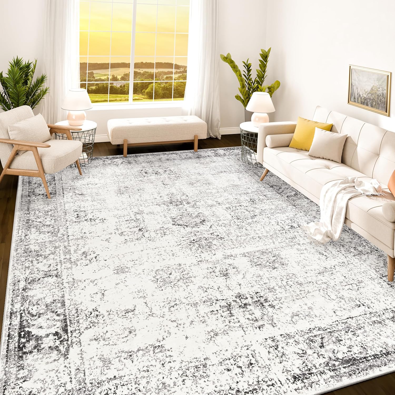 Eco-Friendly Istana 8x10 Rug, Premium White Cream/Grey Area Rug, Innovative Fold...