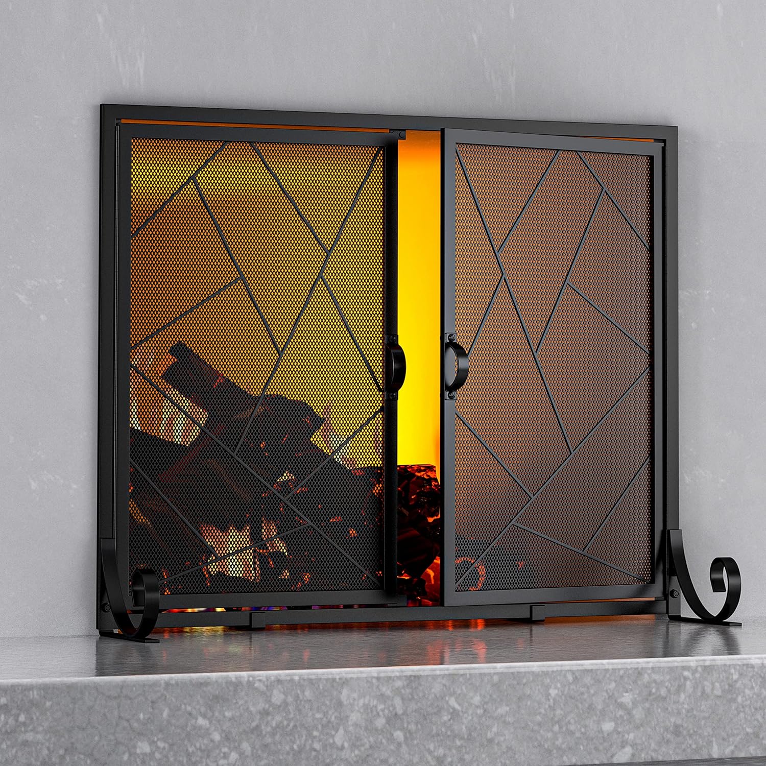 Fire Beauty Fireplace Screen with Hinged Doors Cast Iron Border Sturdy Steel Fra...