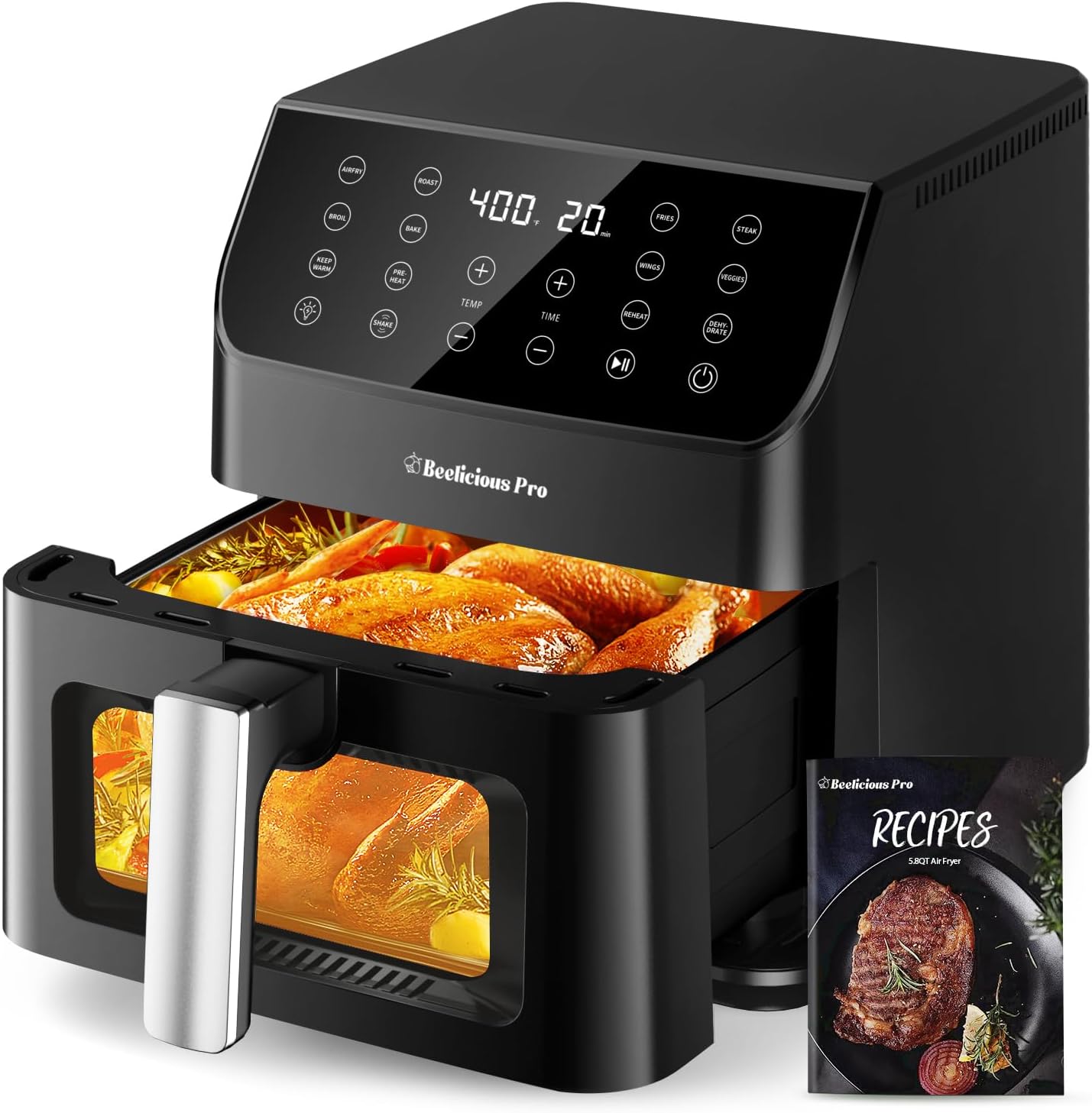 Beelicious® 5.8QT Large Air Fryer, 12-in-1 Digital Airfryer with Clear Window, 4...