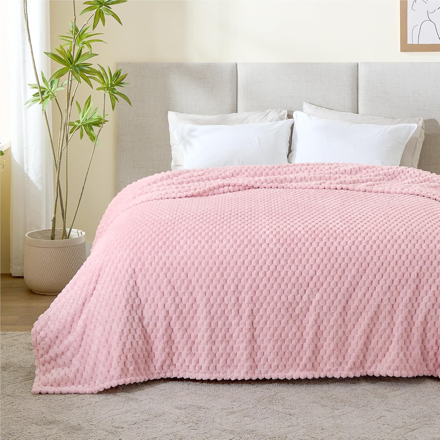 BEDELITE Fleece Blanket, Large King Size for Bed, 3D Jacquard Decorative Pink Fu...