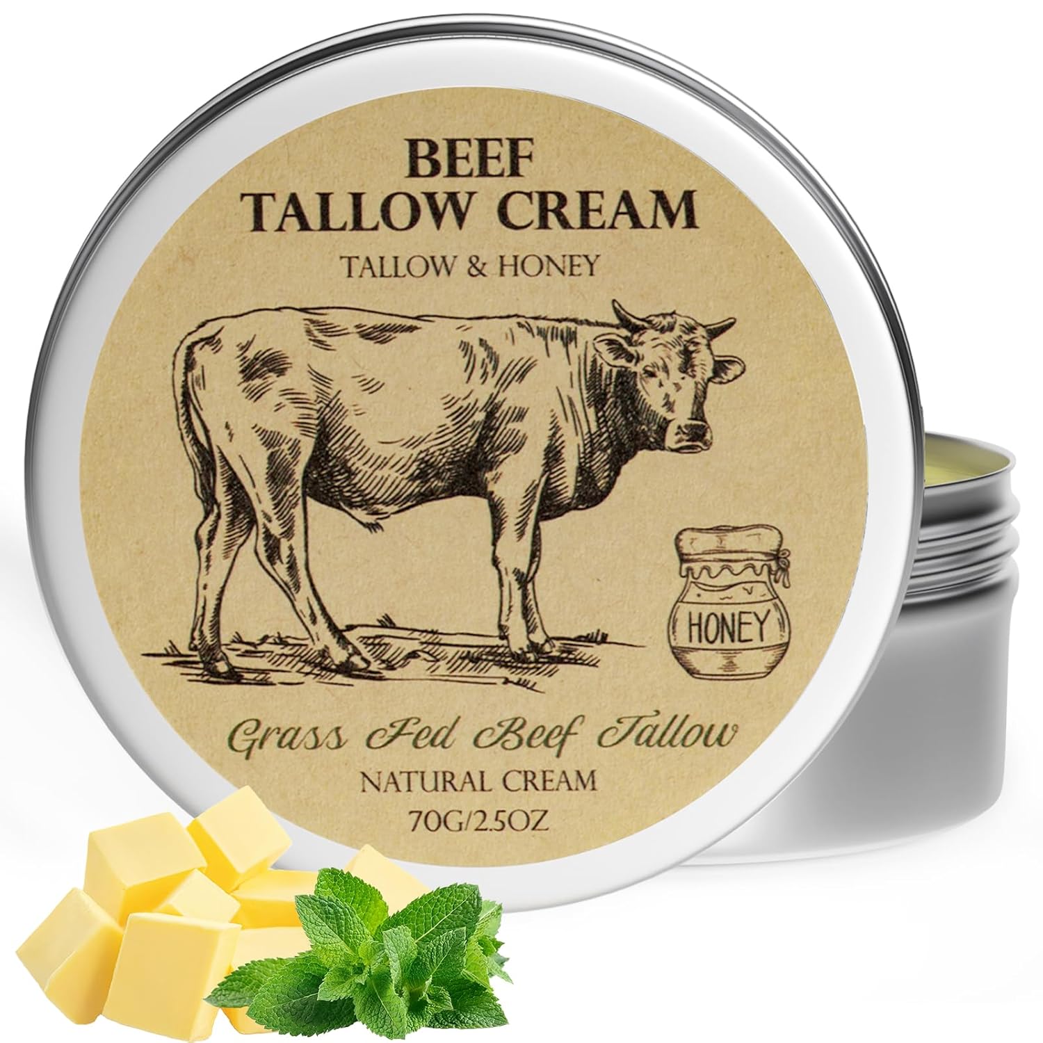 Beef Tallow for Skin, Tallow and Honey Balm,Tallow Face Moisturizer, Natural Org...