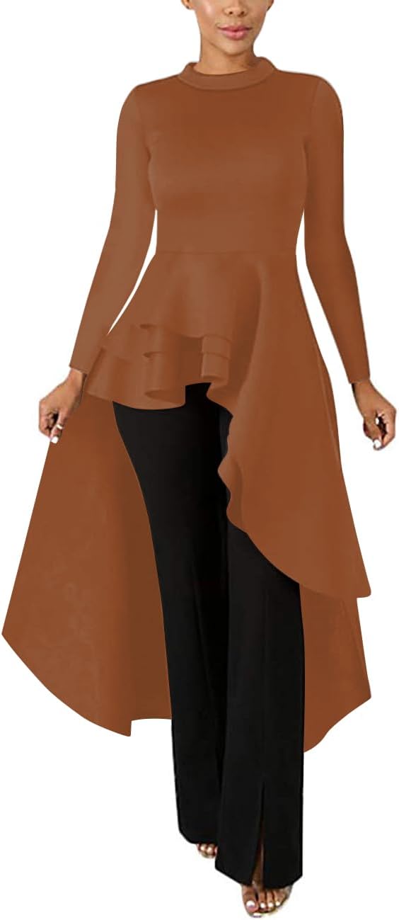 Lrady Womens Casual Shirt Dress High Low Ruffle Blouse Asymmetrical Peplum Tops...
