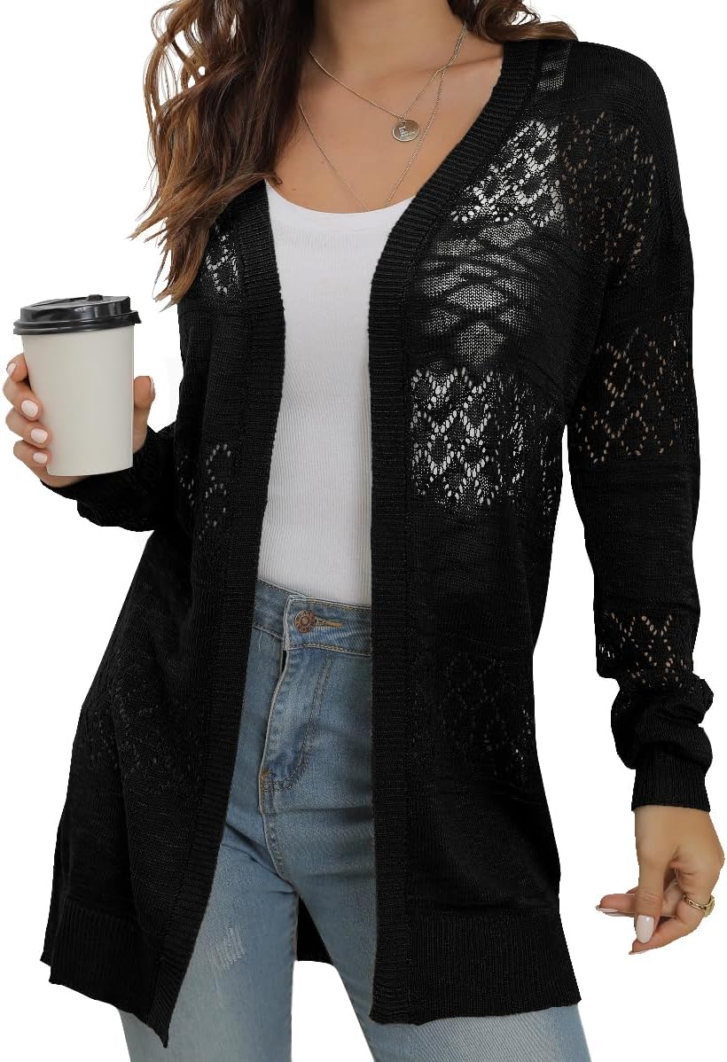GRECERELLE Women's Lightweight Open Front Cardigan Crochet Long Sleeve Loose Cas...