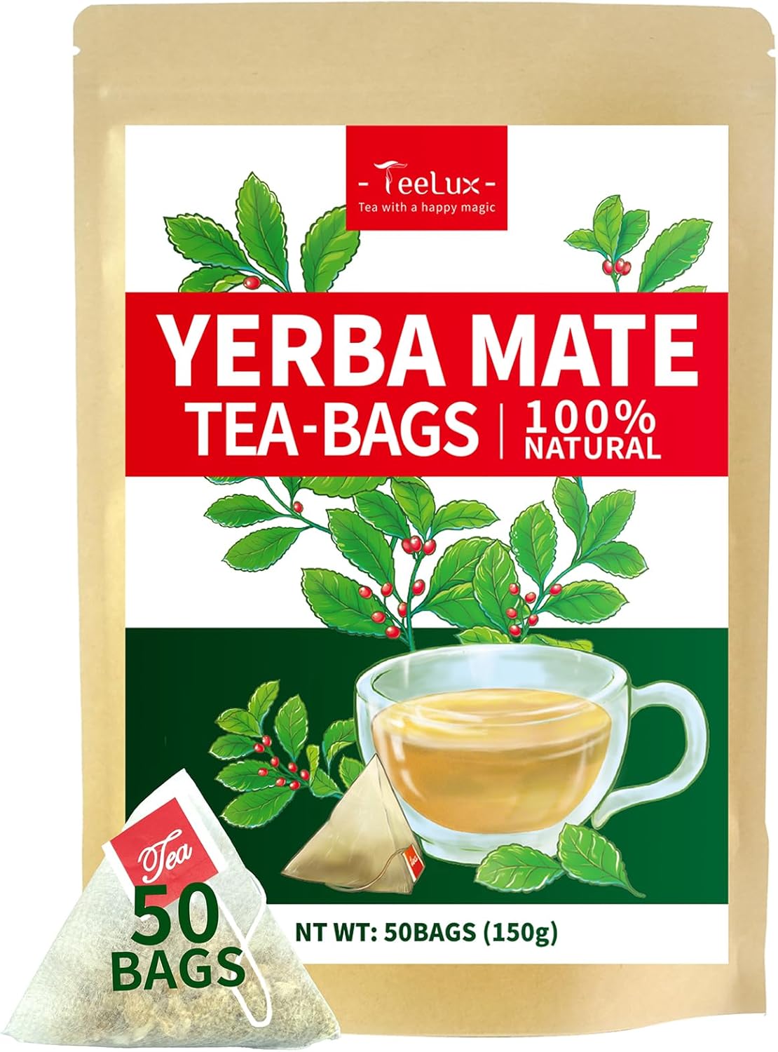 TeeLux Yerba Mate Tea Bags 50 Count, Pure Natural Argentine Yerba Mate, Rich Fla...