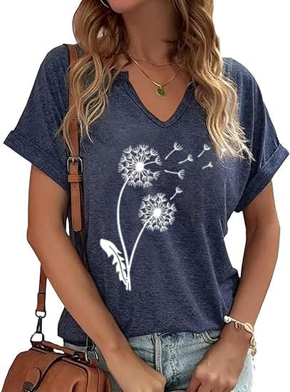 Women's Floral T-Shirts V-Neck Dandelion Sun Flower Graphic Casual Tee Boho Tops...