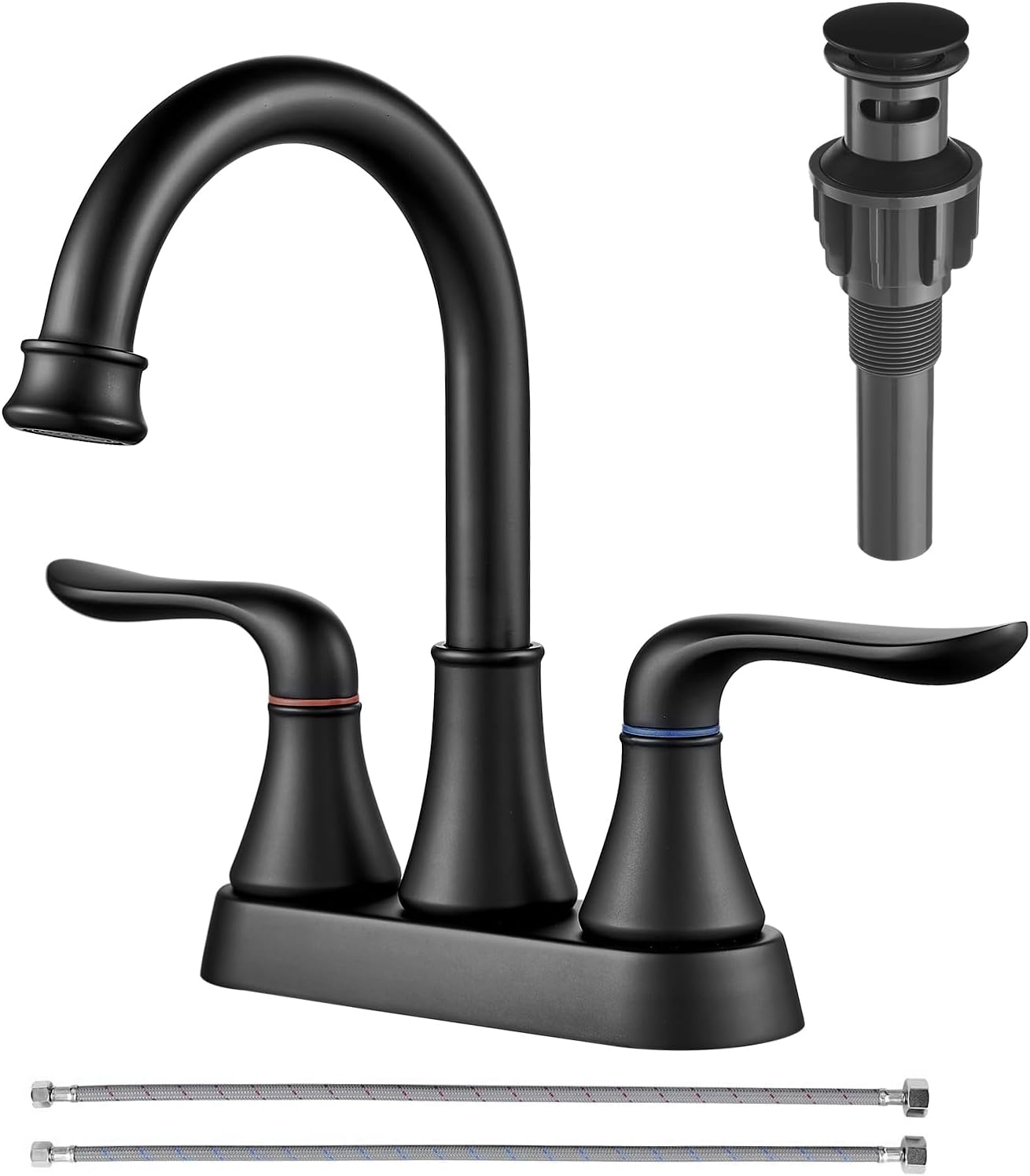 Bathroom Faucets for Sink 3 Hole, 4 inch Matte Black with Pop-up Drain and 2 Sup...