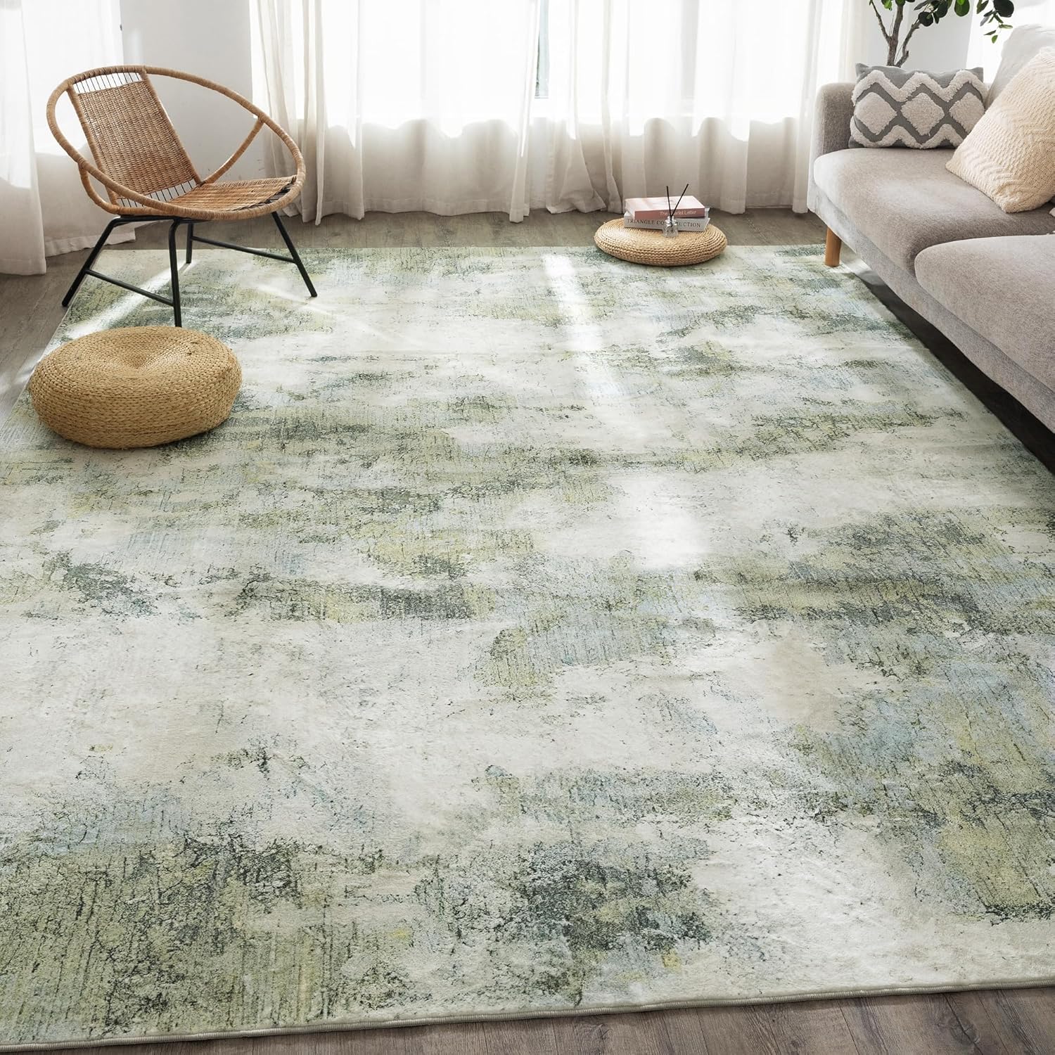 Carvapet Rugs for Living Room, Green Modern Abstract Low Pile Large Carpet with...