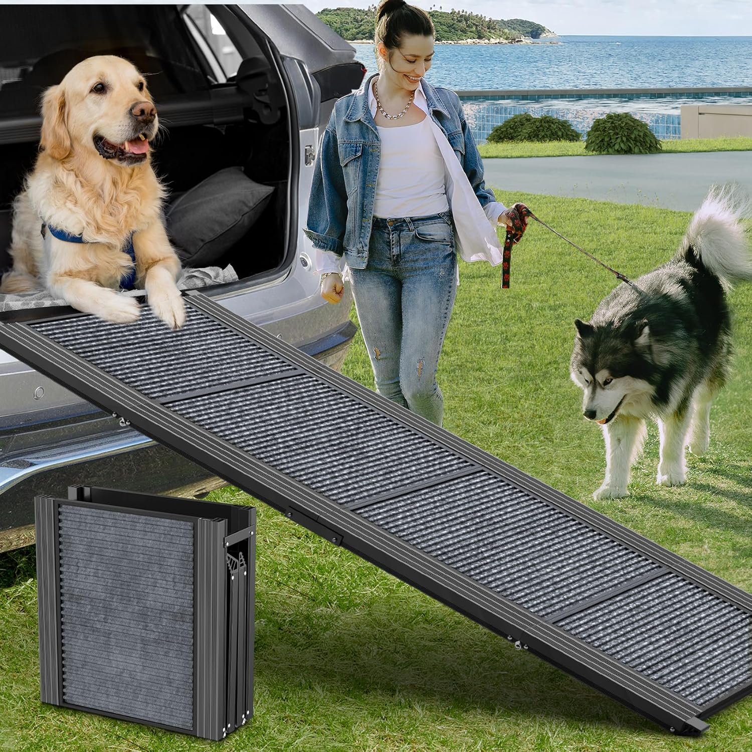 Dog Ramp for Car, 63" Long & 17" Wide Folding Portable Pet Stair Ramp with Non-S...
