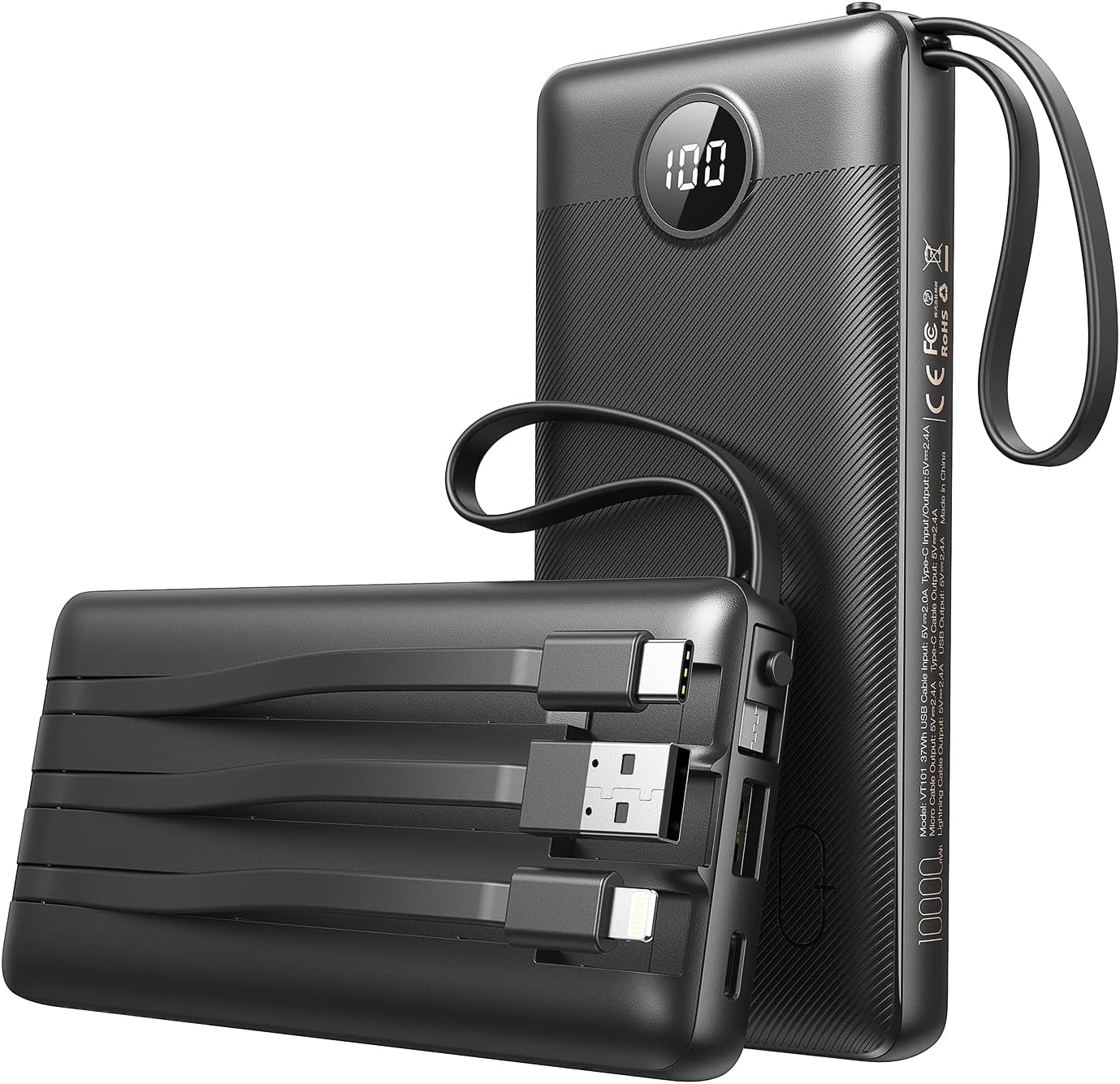 VEEKTOMX Power Bank 10000mAh, Portable Charger with Built-in Cables, USB C Exter...