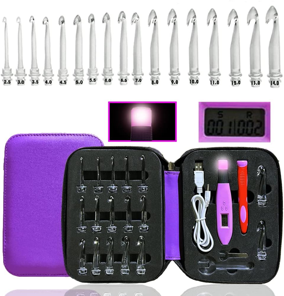 Knitiss Crochet Hooks Light up Crochet Hook Set 17 Sizes Digital Crochet Hooks w...