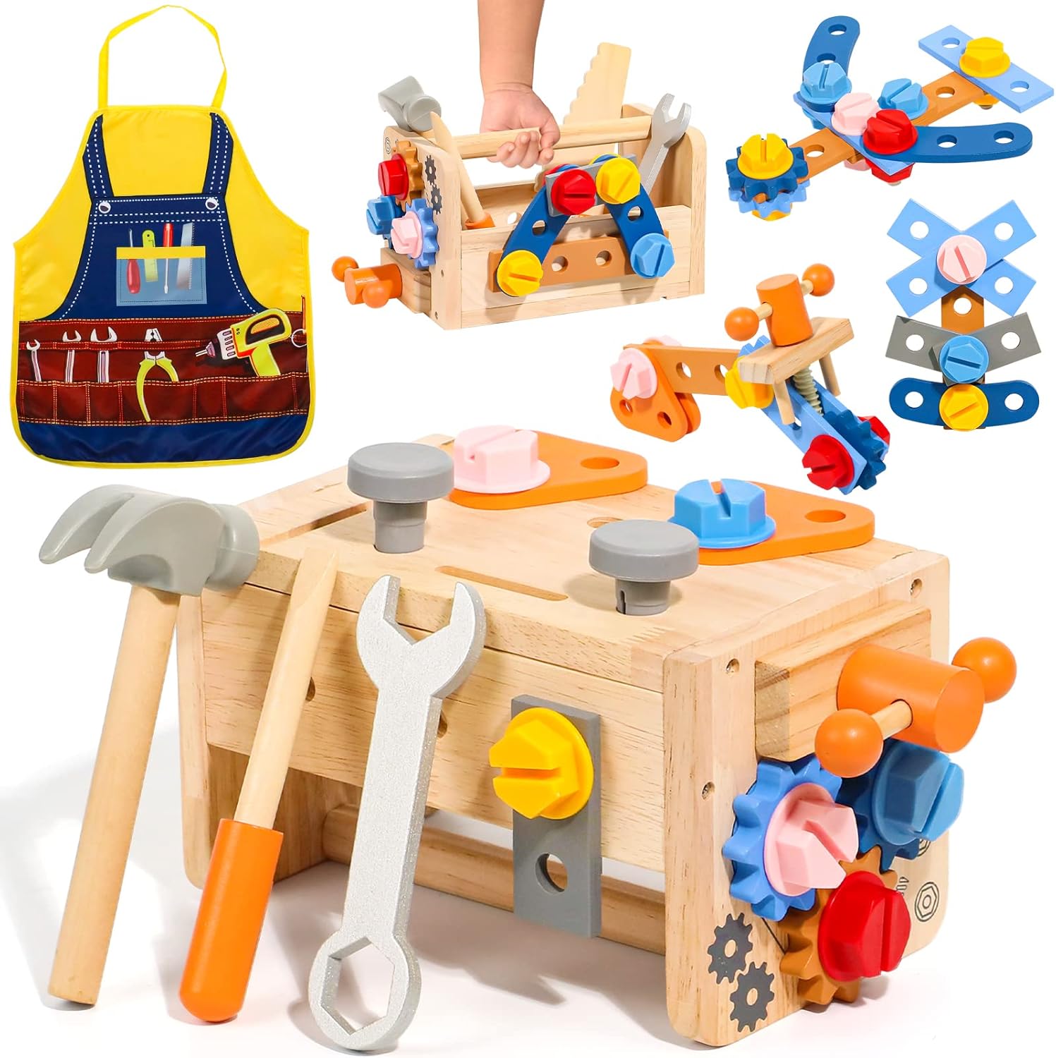 TONZE Kids Tool Set with Apron, Wooden Toddler Tool Bench Montessori Toys for 2+...