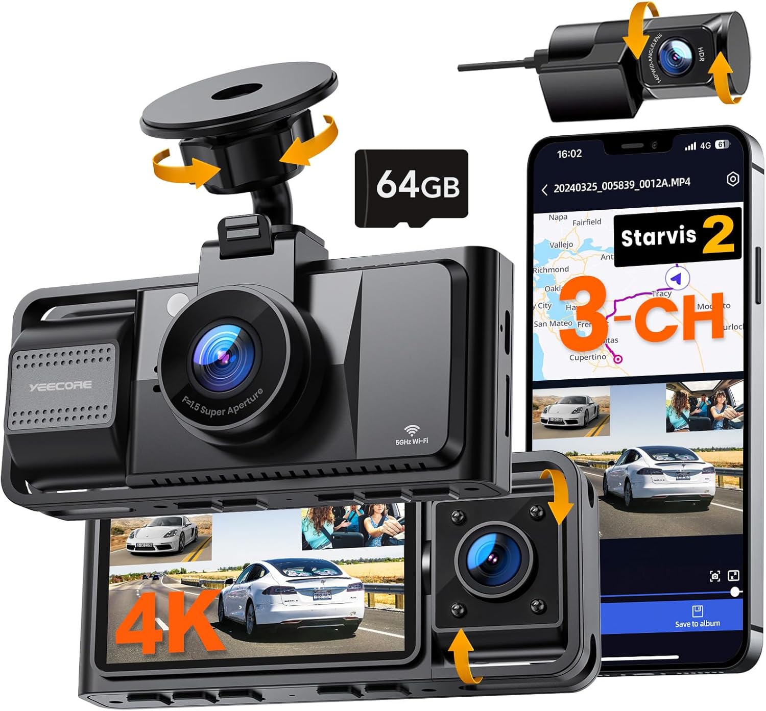 Real 4K 3 Channel Dash Cam, STARVIS 2 Sensor, HDR...