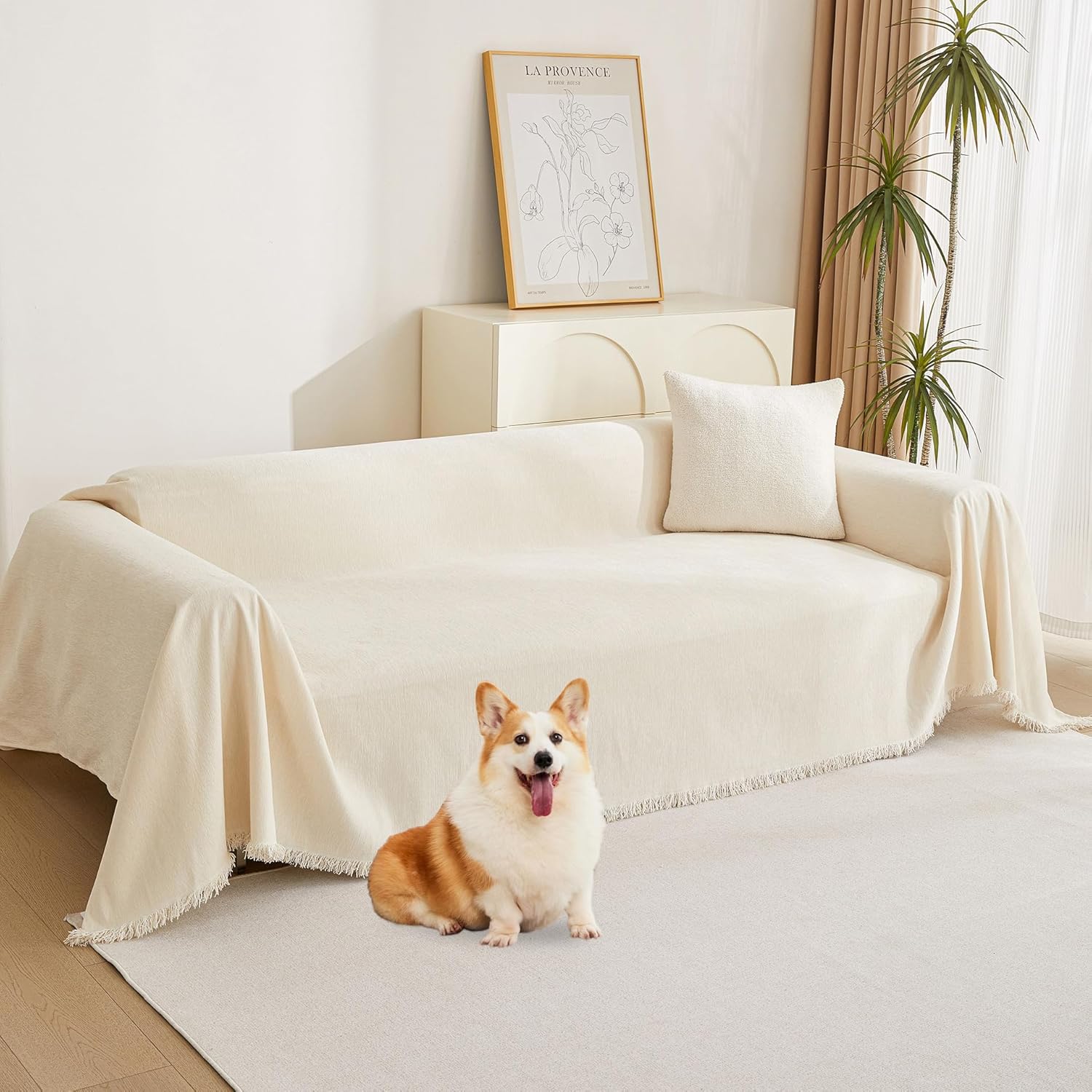 MYSKY HOME Boho Couch Cover Beige Sofa Covers with White Tassel Farmhouse Sofa S...