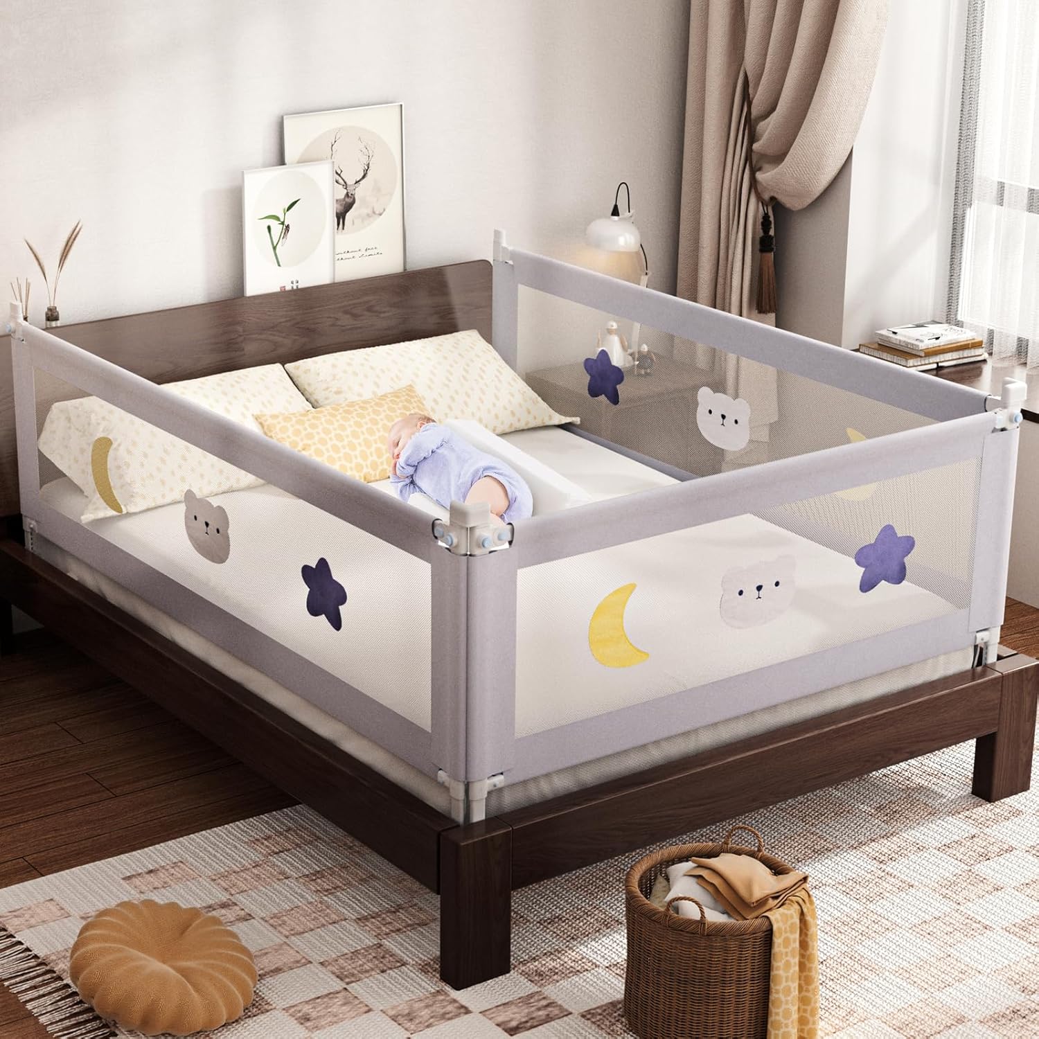 omzer Bed Rail for Toddlers - (3 Pack) Toddler Bed Rails with Double Child Lock,...
