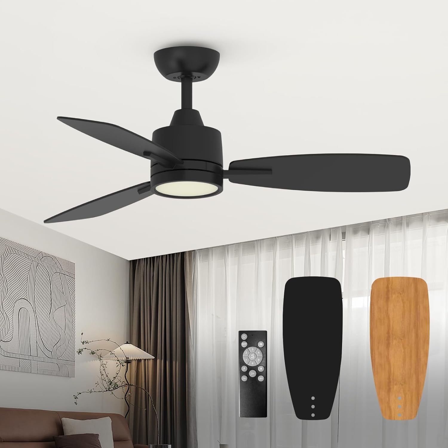 TALOYA 42 Inch Black Ceiling Fans with Lights Led Remote Control Flush Mount Low...