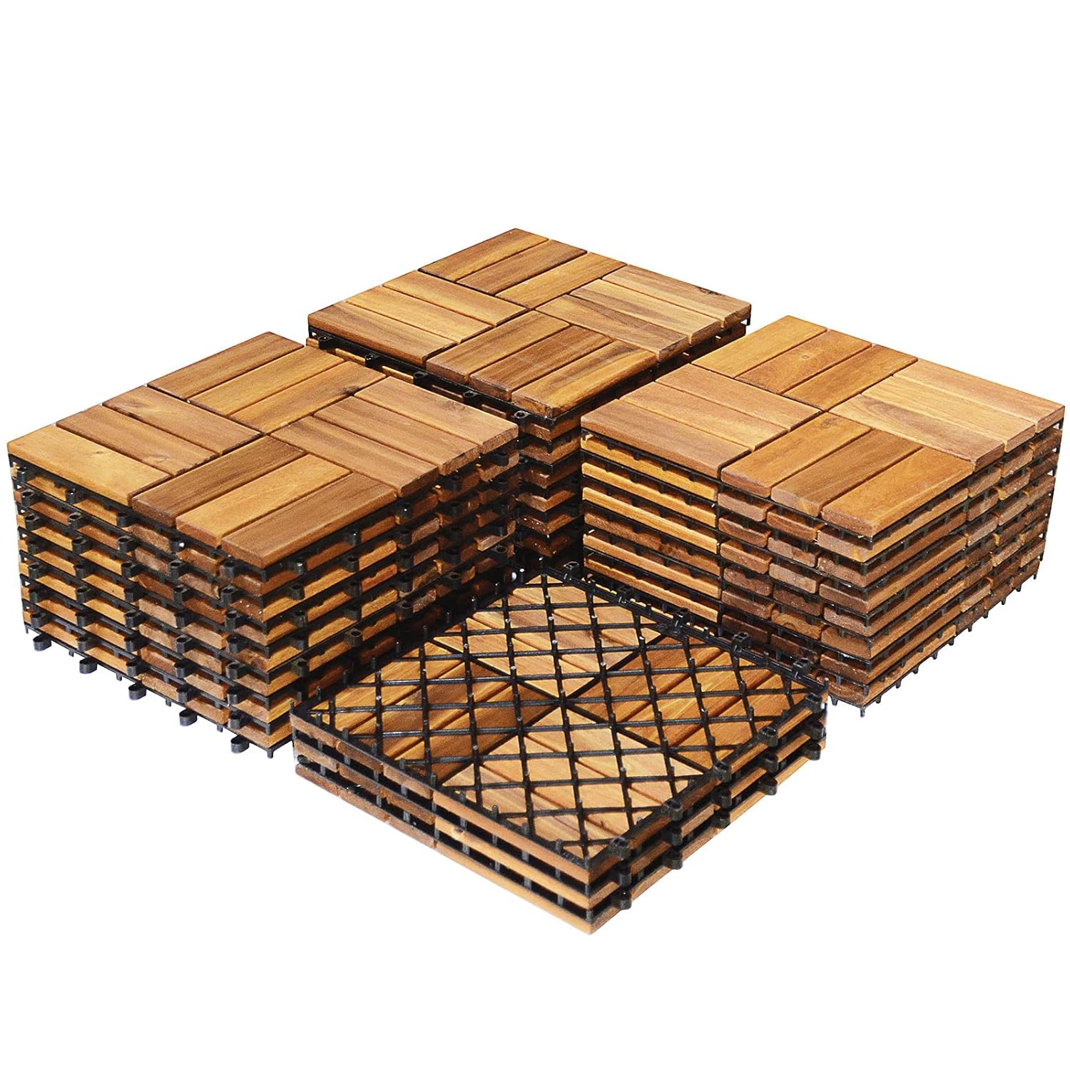 COSTWAY 27 Pcs Decking Tiles, Acacia Hardwood Interlocking Floor Tiles, 30 x 30c...