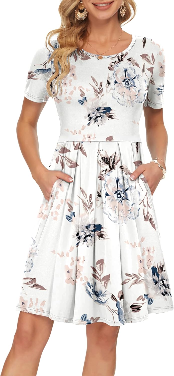 AUSELILY Women's Short Sleeve Pleated Loose Swing Casual Dress with Pockets Knee...