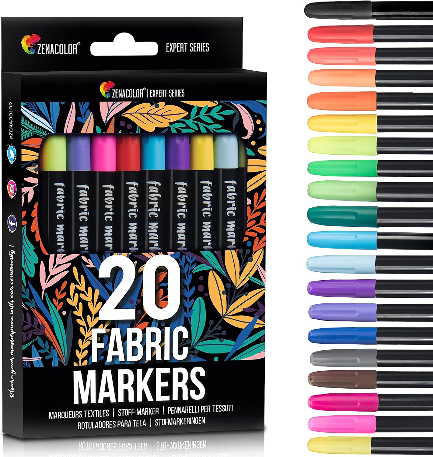Zenacolor 20 Fabric Markers Pens Set - Non Toxic Fabric Paint Fine Point Textile...