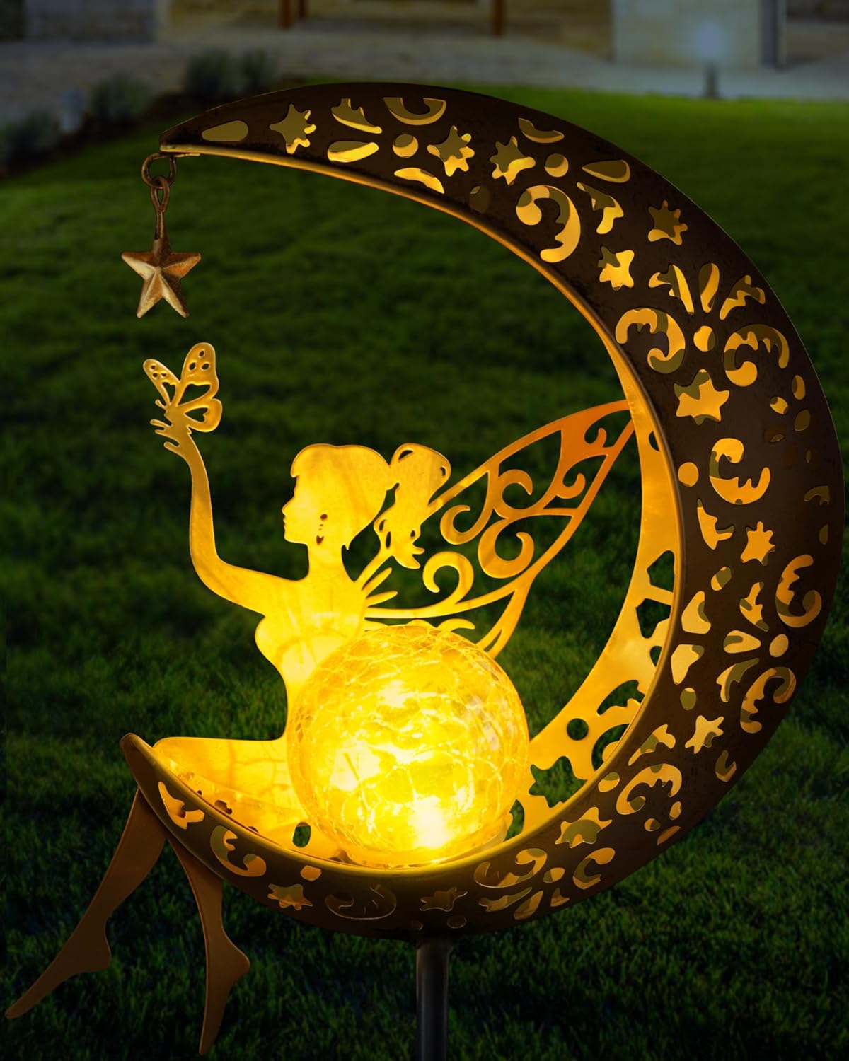 Solar Garden Statues Outdoor Decor, Fairy Moon Figurine Light Stake, Housewarmin...