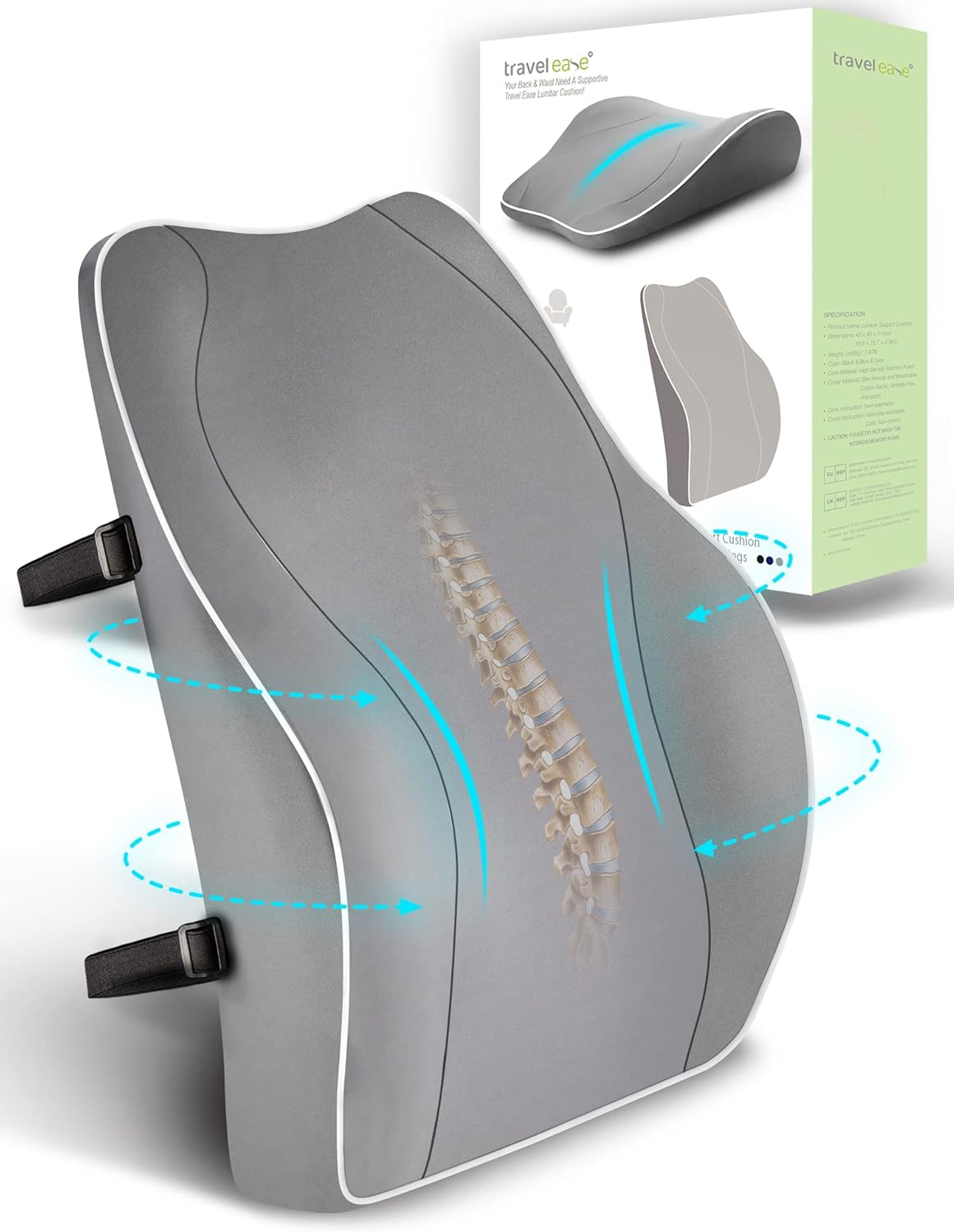 Travel Ease Ergonomic Lumbar Support Cushion, Memory Foam Back Support Cushion f...