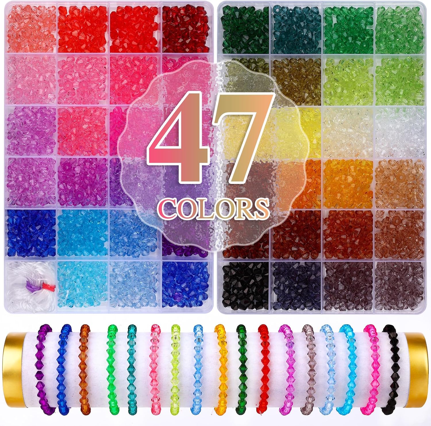 XSEINO 3760 Pieces 6mm Crystal Beads for Jewelry Making, 47 Colors Crystal Acryl...