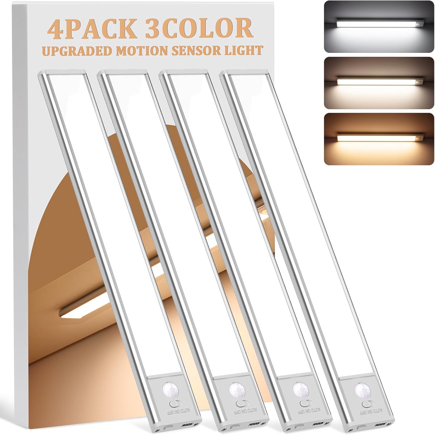 Under Cabinet Lighting Wireless, 4Pack Motion Sensor Light Indoor with 3 Color T...
