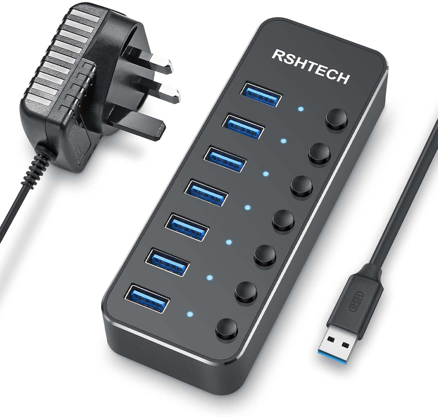 RSHTECH USB Hub Powered 7 Port USB 3.0 Data Hub Aluminum USB Extension Splitter...
