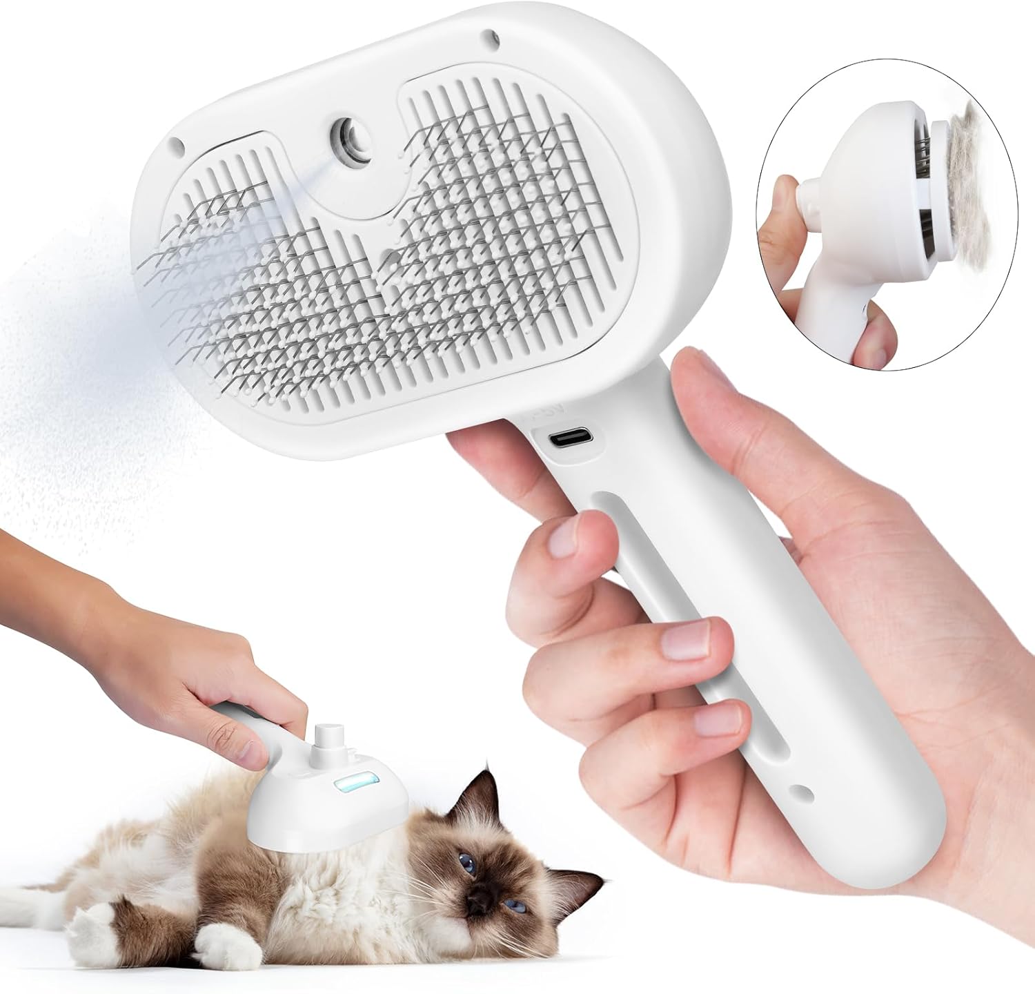 Cat Steam Brush, 3 In 1 Steamy Cat Brush with Release Button and Tank, Anti-Stat...