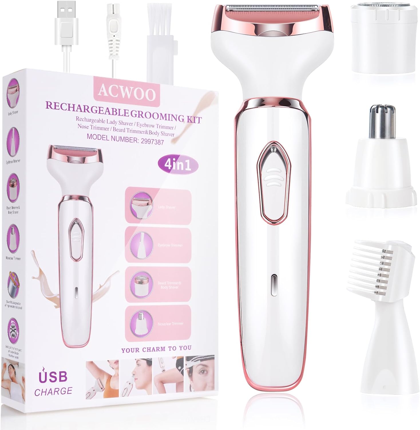 ACWOO Cordless 4 in 1 Electric Lady Shaver for Women, Rechargeable Painless Razo...