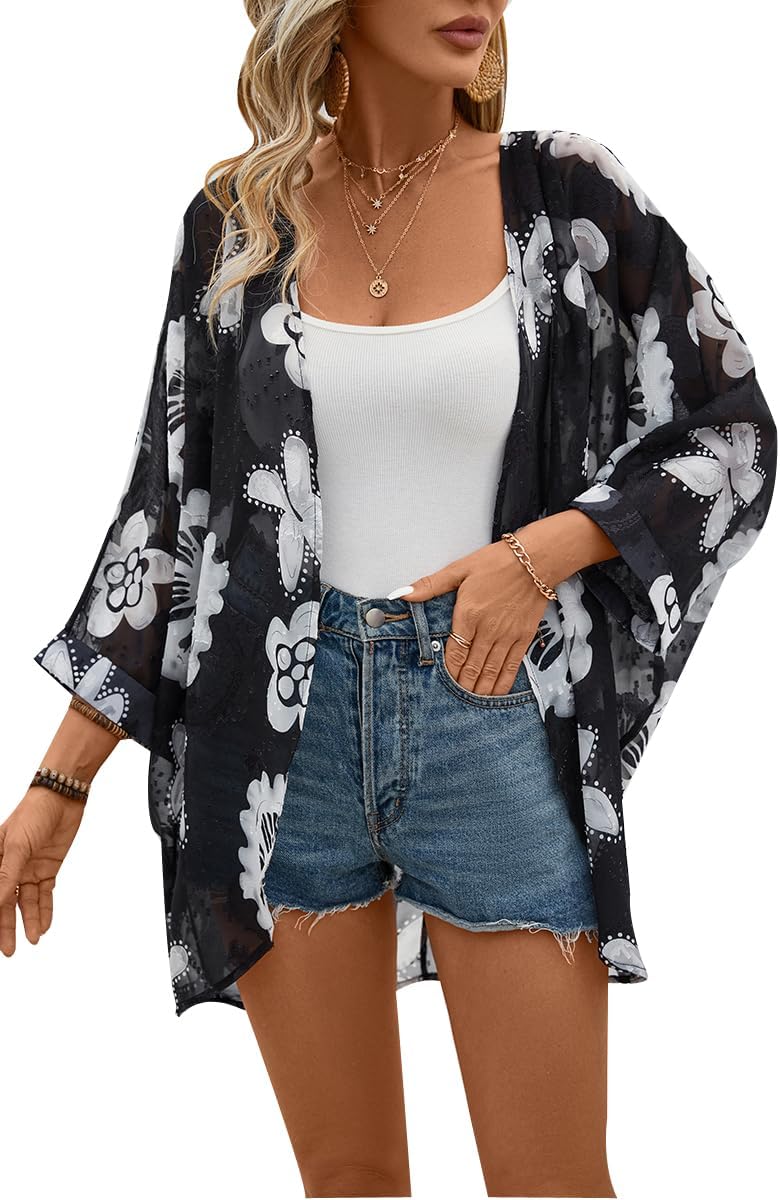 olrain Women's Floral Print Sheer Chiffon 3/4 Bat Sleeve Casual Loose Kimono Car...