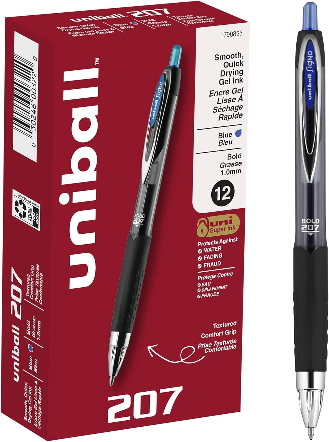Uni-Ball Signo 207, 12 Pack 1.0mm Bold Blue Gel Pens - Water Resistant, Smooth W...