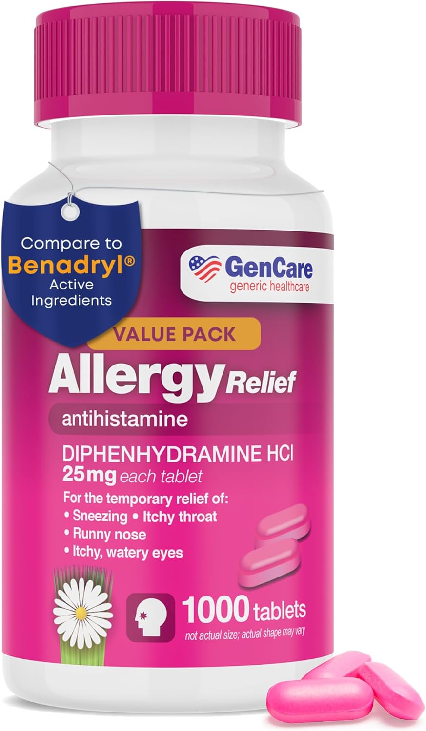 GenCare - Antihistamine Diphenhydramine HCl 25mg (1000 Tablets Per Bottle) - Com...