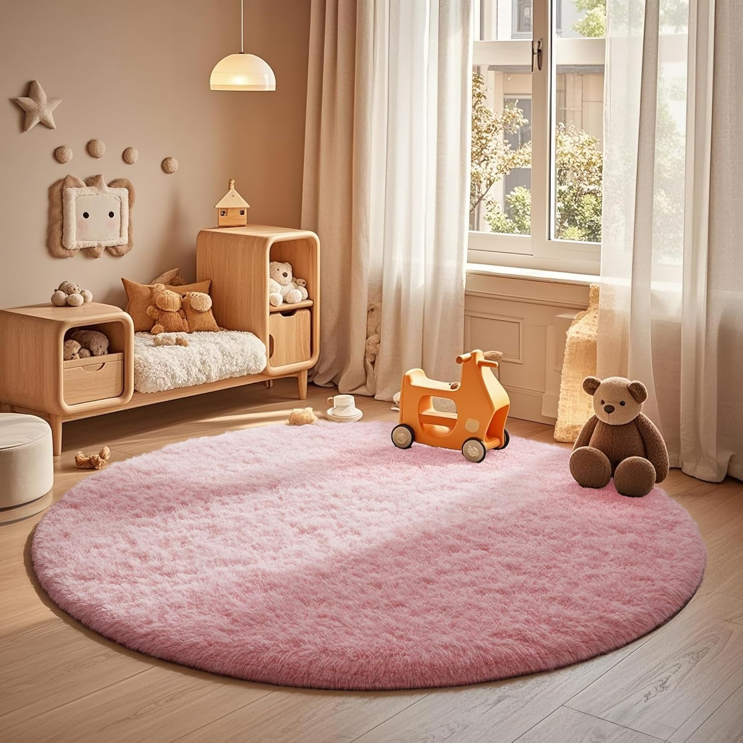 Unique Ophanie Round Rug, Special 4Ft Pink Circle Area Rug, Fluffy Bedroom Carpe...
