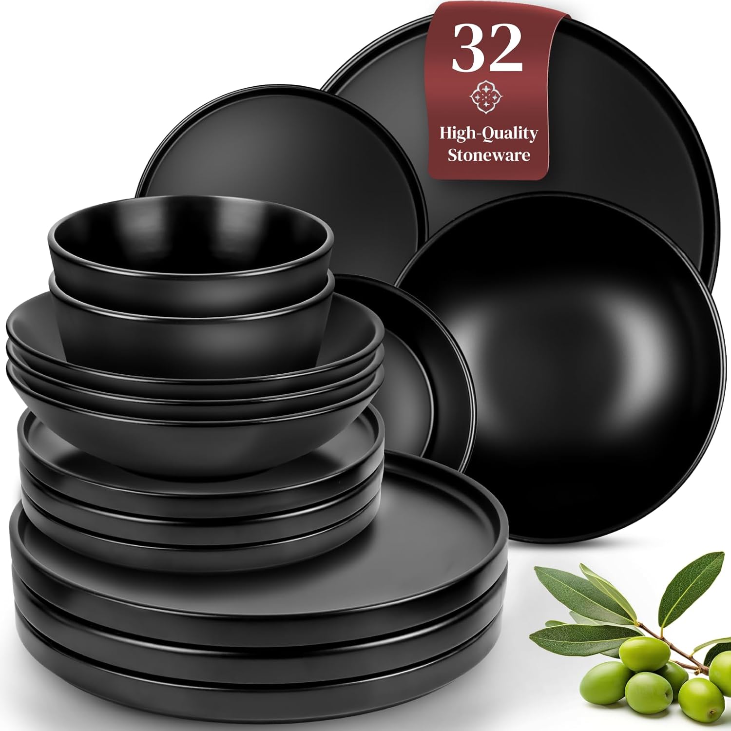 Matte Black Dinnerware Set - Ultra Chic Black Stoneware Dinnerware Sets for 8-32...