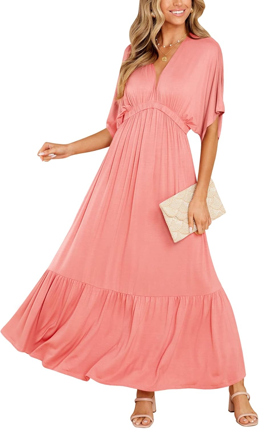 DEEP SELF Women’s Summer V Neck Batwing Short Sleeve Maxi Dress Casual Loose Hig...