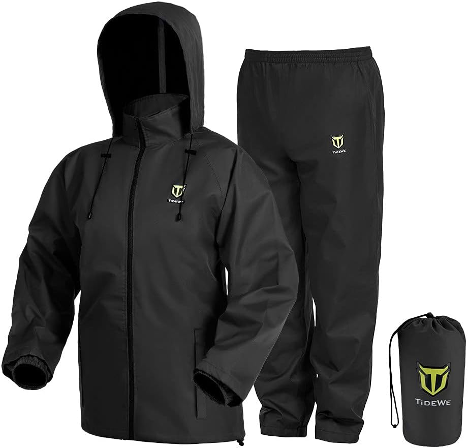 TIDEWE Rain Suit, Waterproof Breathable Lightweight 2 Pieces Rainwear Black X-La...
