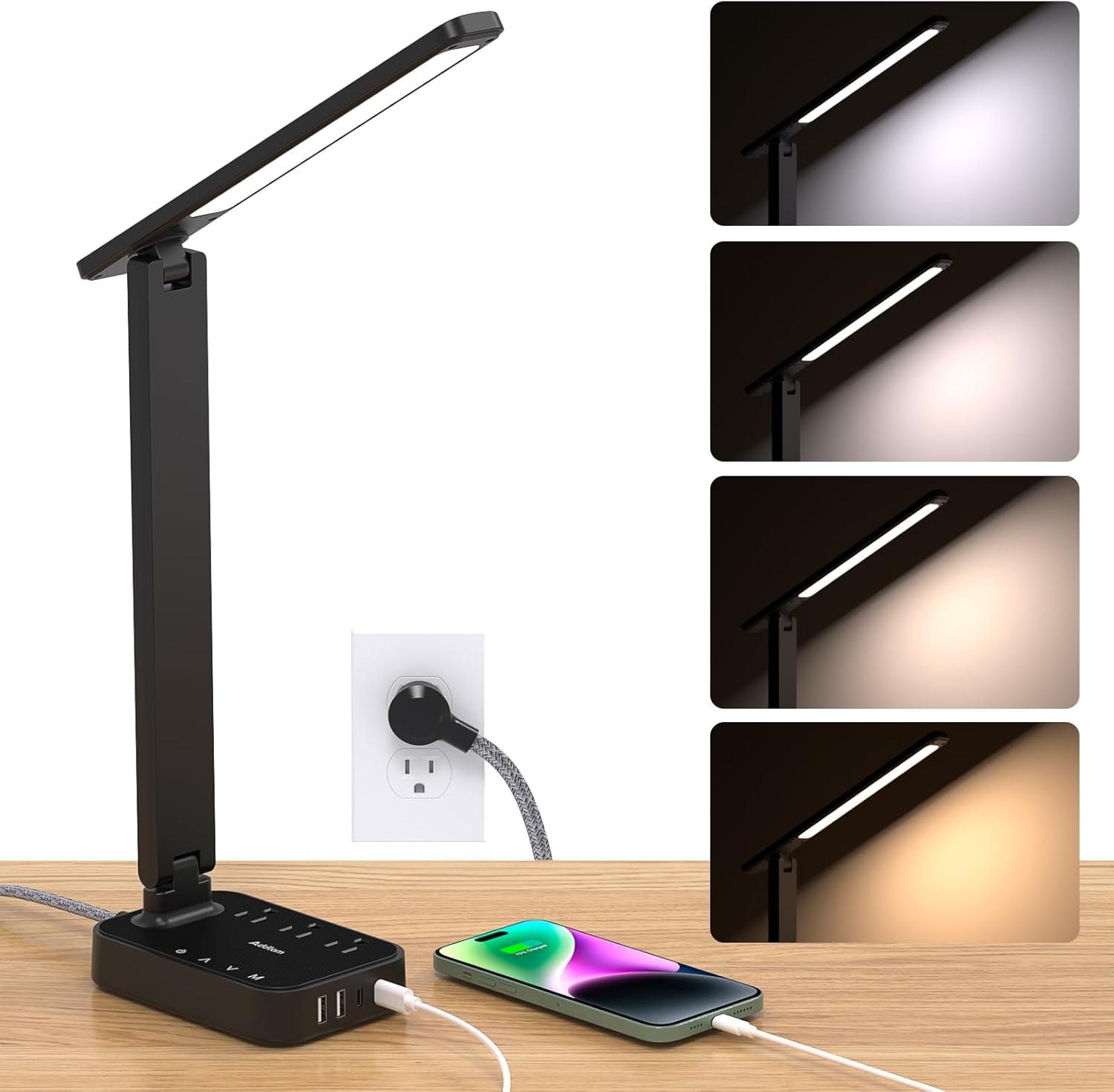 Addtam LED Desk Lamp, Special Power Strip with 3 Outlets and 4 USB Charging Port...