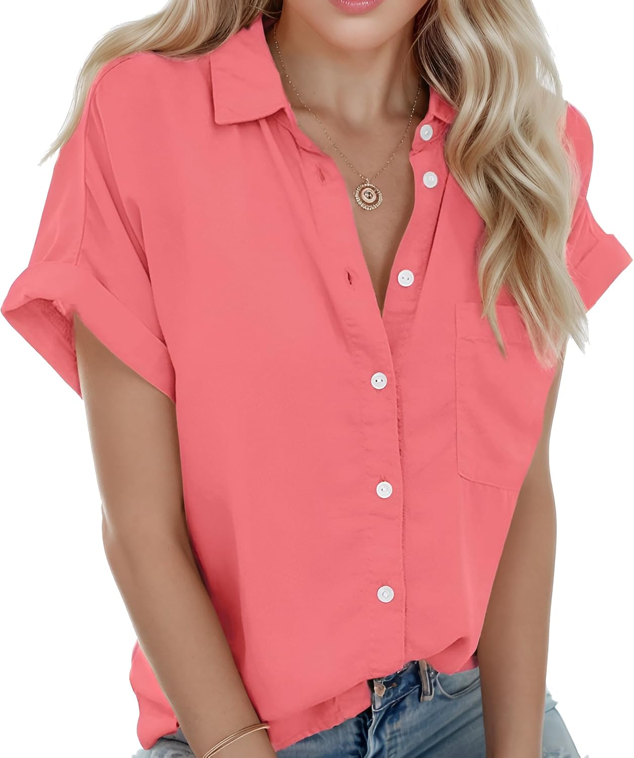 Women Short Sleeve Shirts V Neck Button Down Summer Tops Collared Work Blouses w...