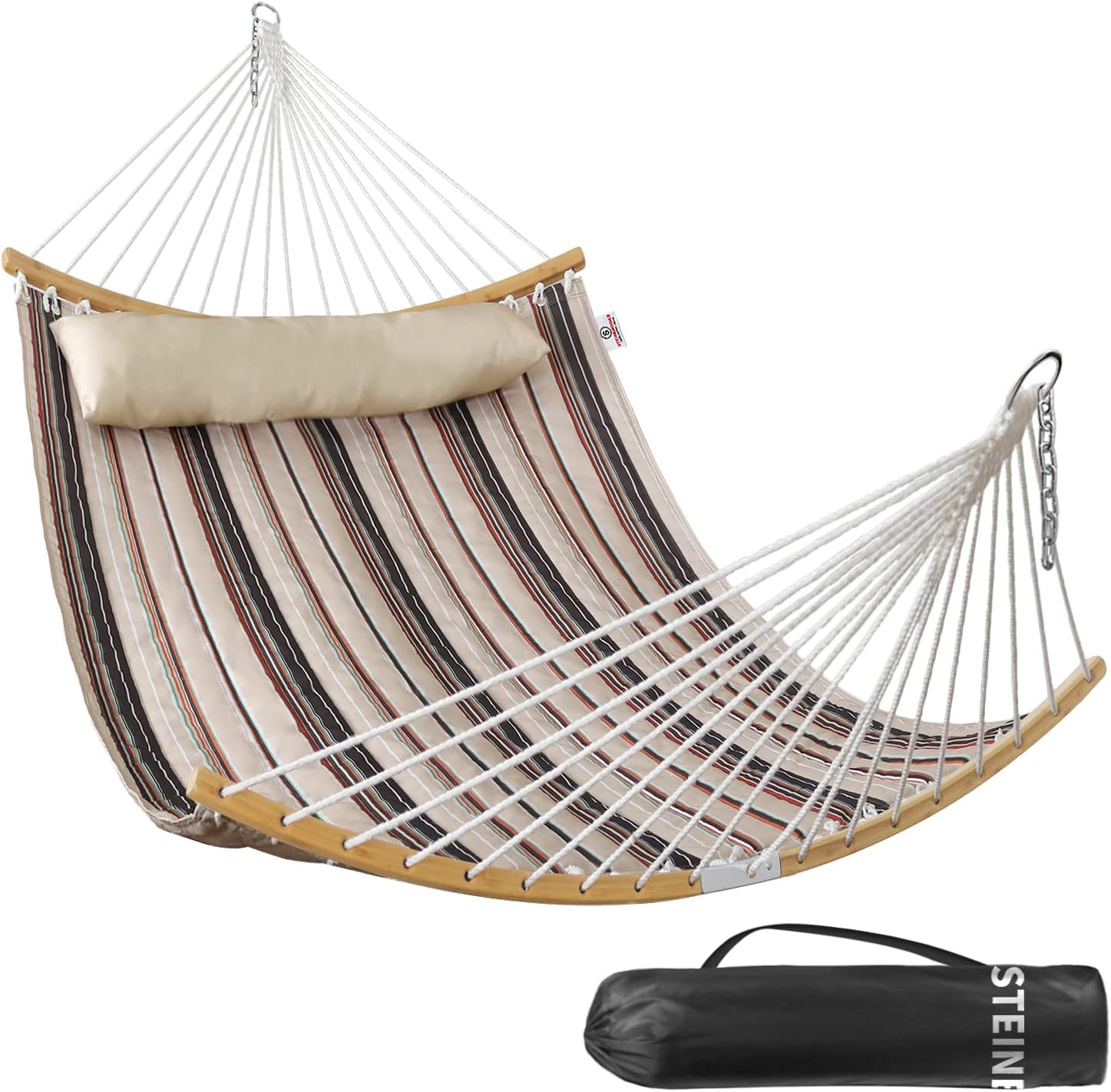 Double Hammock, 11 FT Quilted Fabric 2 Person Hammock for Outside with Pillow, F...