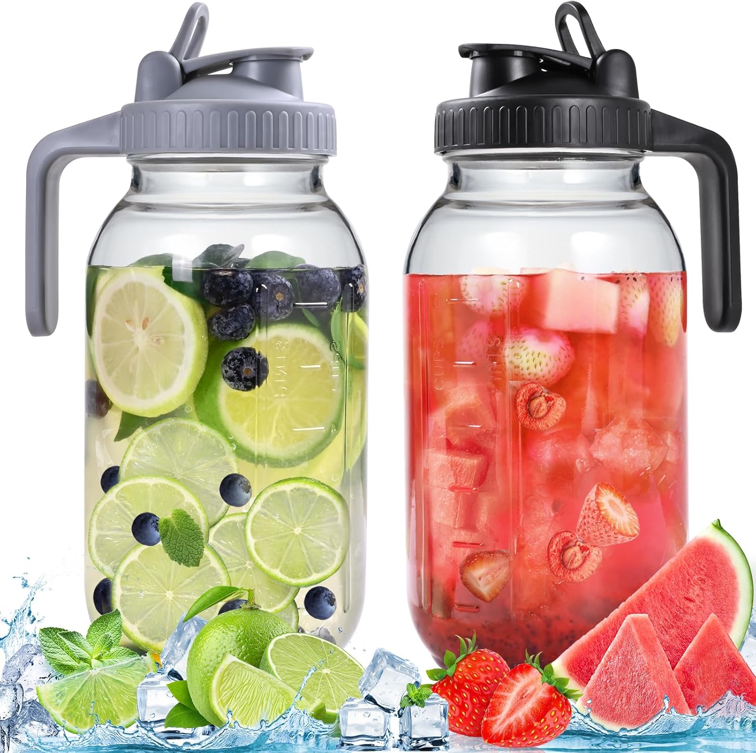 Glass Pitchers with Lid, Set of 2, 64OZ Leak-Proof Airtight Mason Jars, Wide Mou...