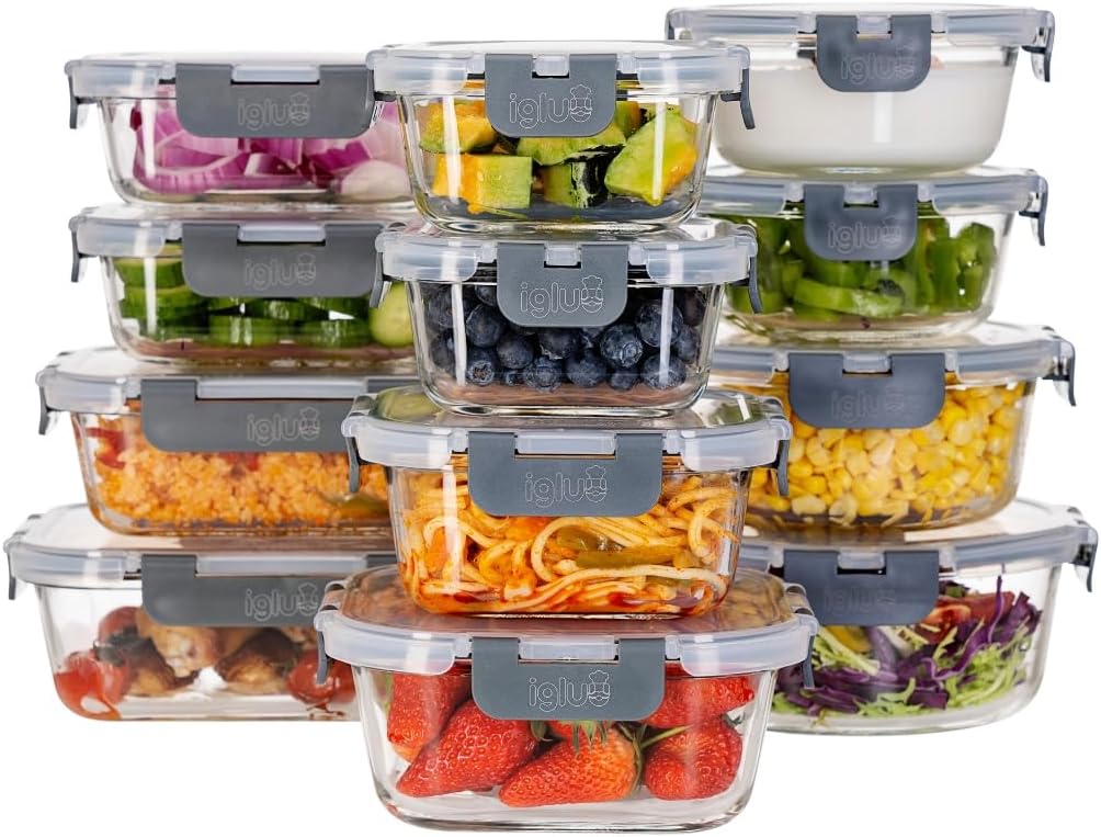 Igluu Meal Prep Glass Containers with Lids (12 Pack: 4 Rectangle, 4 Square, 4 Ro...