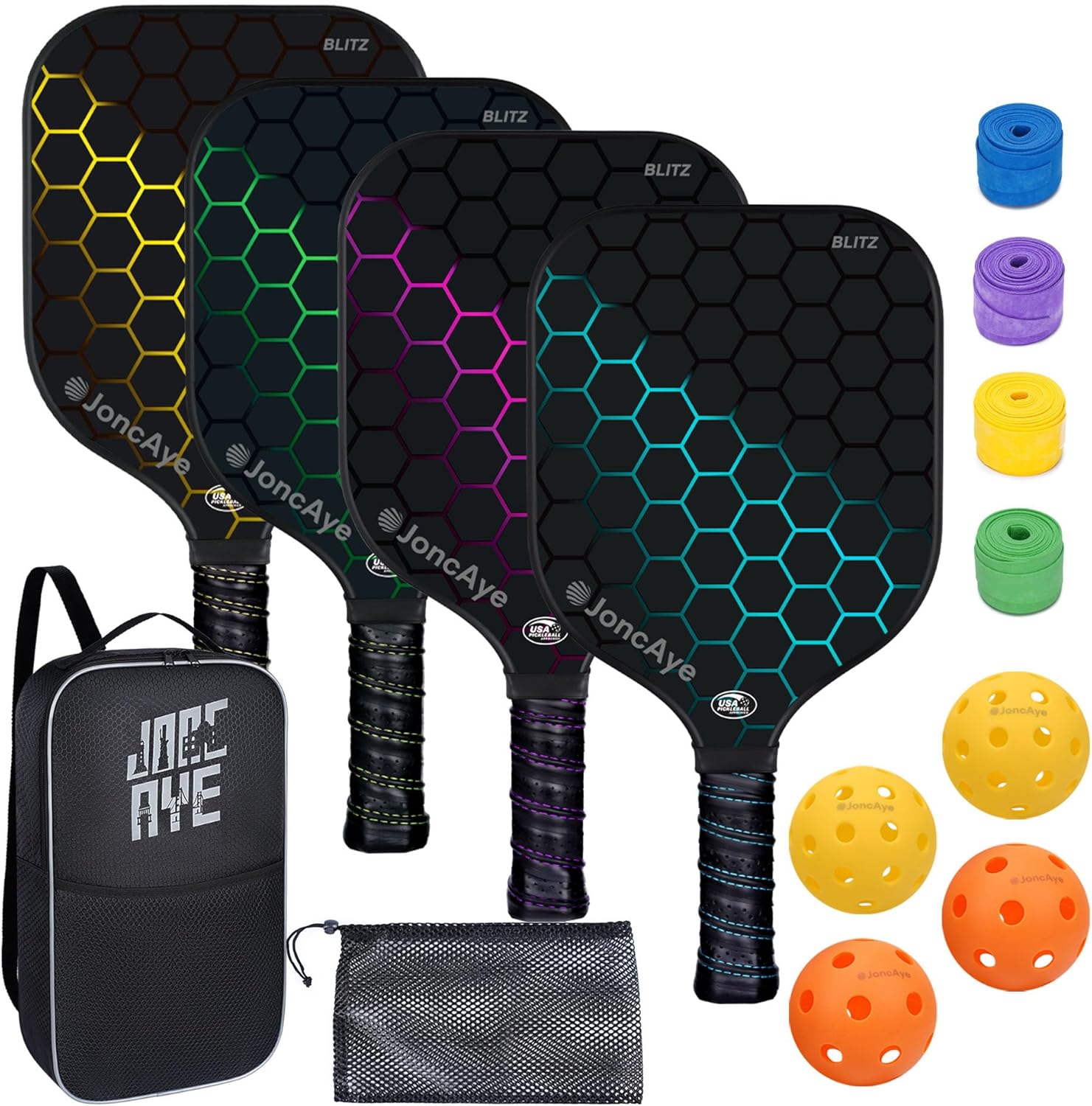 JoncAye Pickleball-Paddles-Set of 4 or 2 Rackets with Balls and Bag, USAPA Appro...