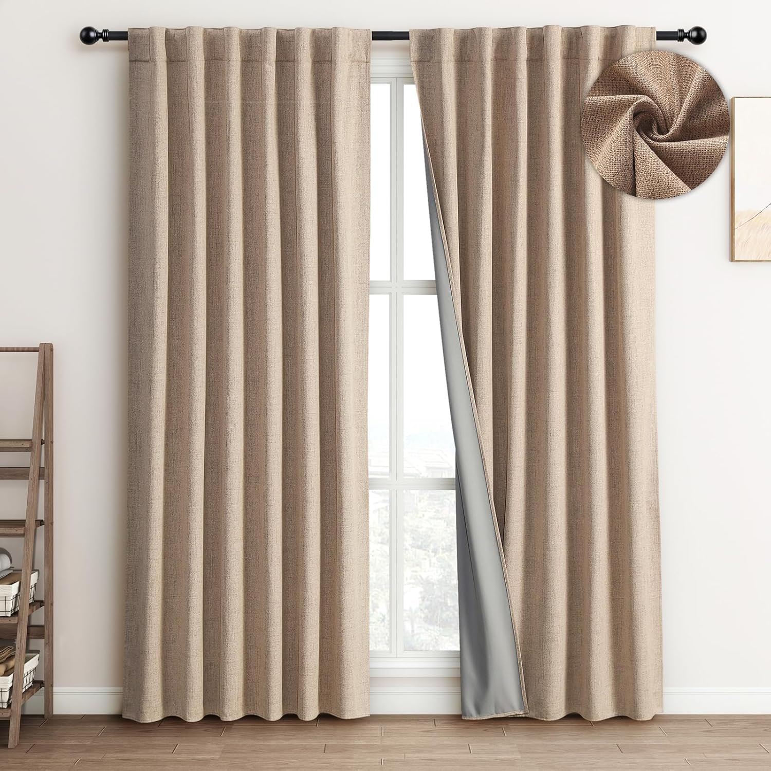 FLORECORD 100% Blackout Linen Curtains 52 Inch Wide x 96 Inch Long 2 Panels Set...