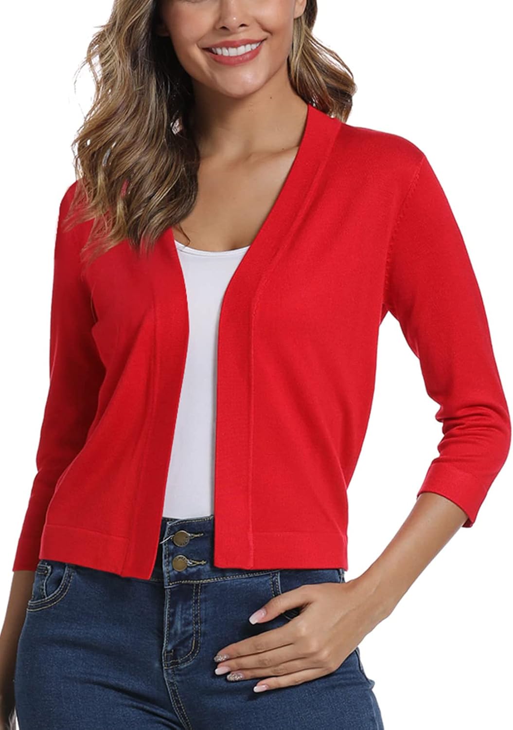 Women's Lightweight Knit Cropped Cardigan Shrug 3/4 Sleeve Open Front Bolero Swe...