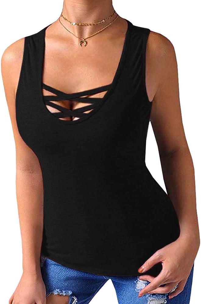 Sarin Mathews Womens Tank Tops Summer Sleeveless Shirts Criss Cross Casual Basic...