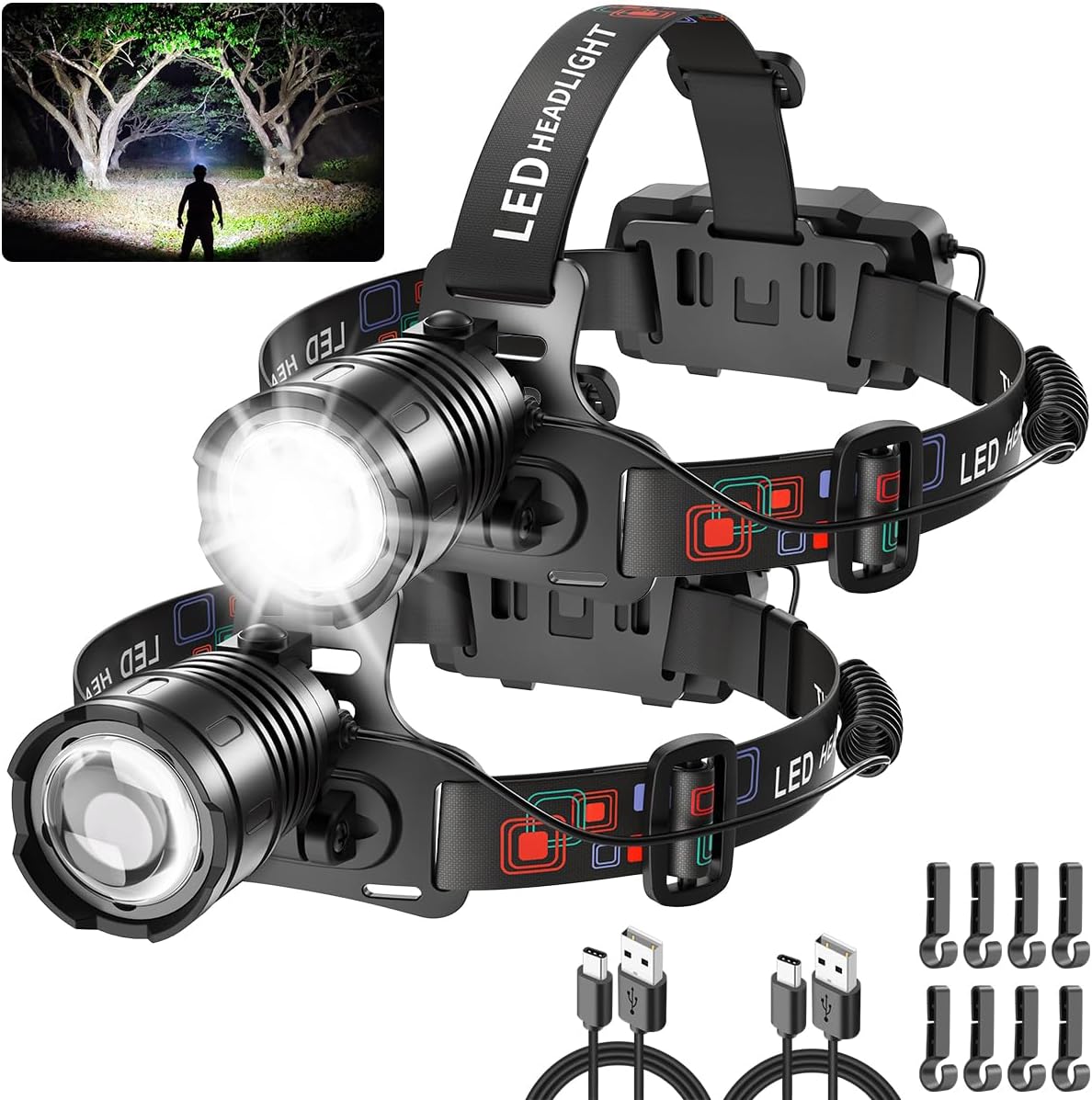 Rechargeable Headlamp 2Pack, 990,000LM Bright Head Lamp, 90°Angle Head Lights fo...